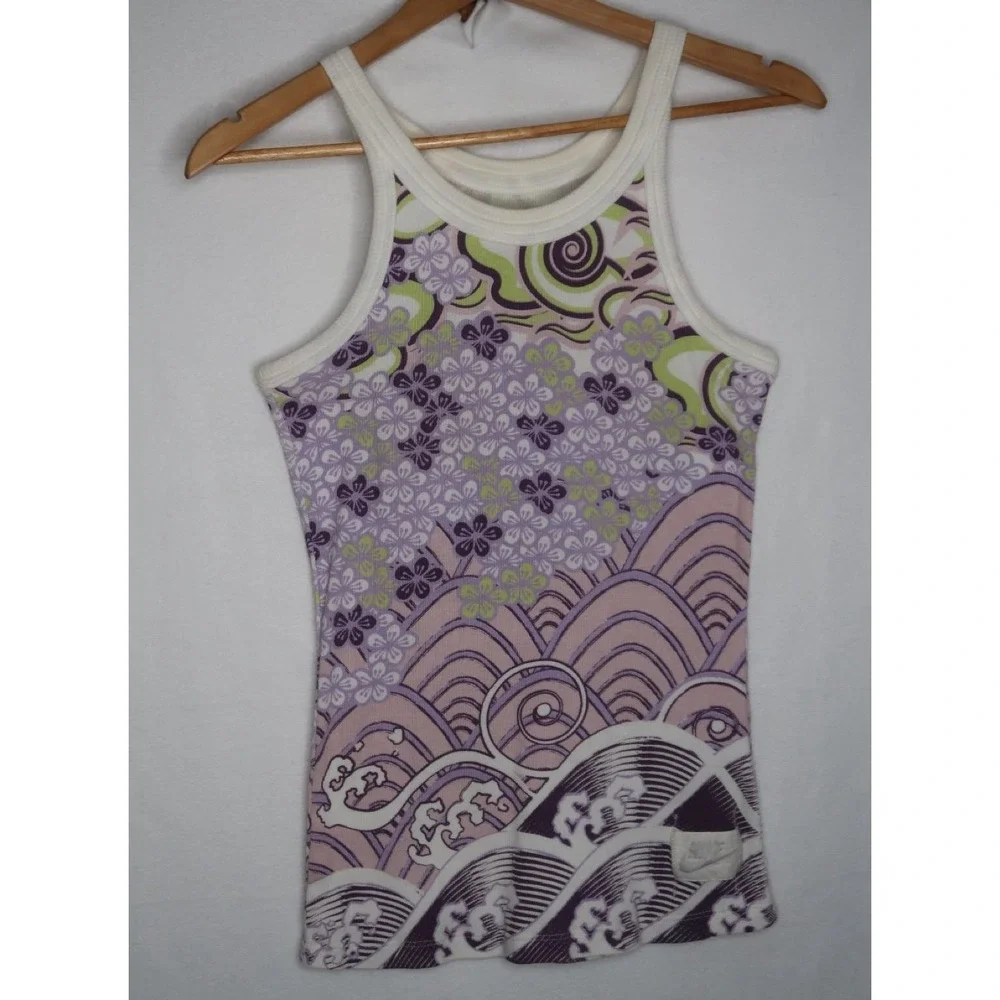 Vintage Nike Womens M Y2K Floral Psychedelic Graphic Tank Top Purple Green 2000s